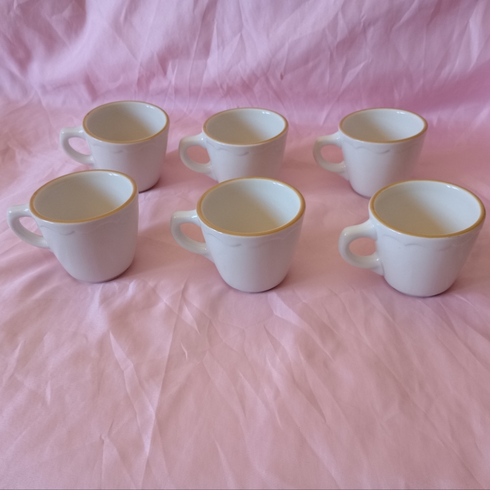 6 Syracuse China Restaurant Coffee Mug Cup Tan Light Brown Dark Mustard Trim USA